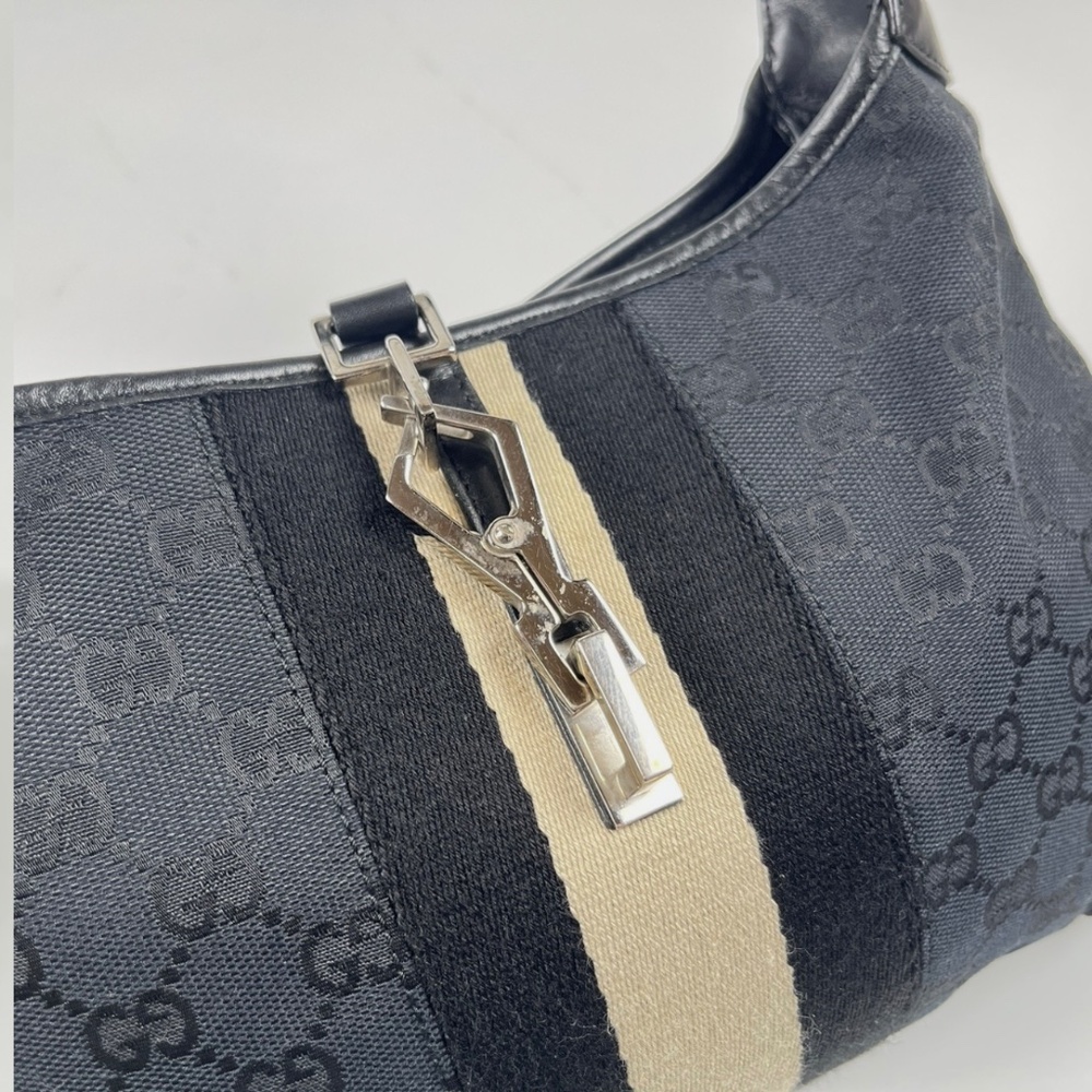 GUCCI Jackie GG Canvas Web Stripe Shoulder Bag Black Leather Vintage Authentic - Picture 6 of 13
